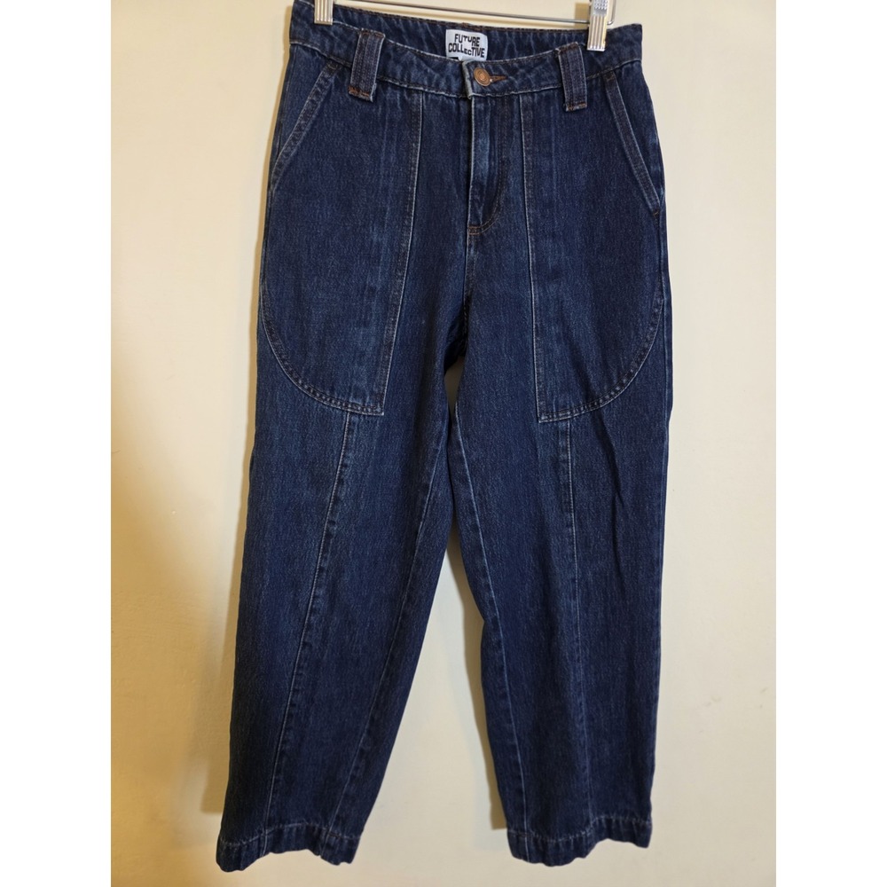 Future Collective Jeans Women's Sz‎ 0 Blue Denim Mid- Rise Barrel Leg Retro Boho
